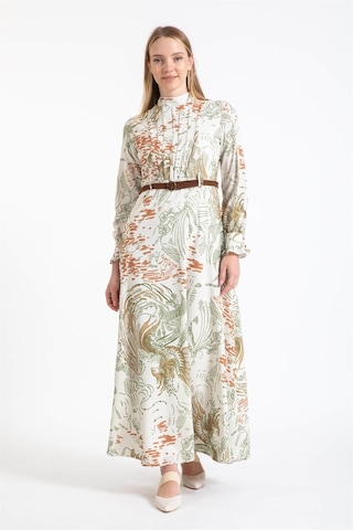 Hasır Örgü Kemer Detaylı Desenli Emprime Elbise Haki-haki Haki