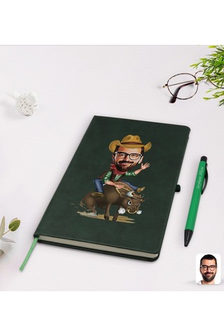 Kişiye Özel Rodeo Karikatürlü Yeşil Termo Deri Defter Kalem Seti
