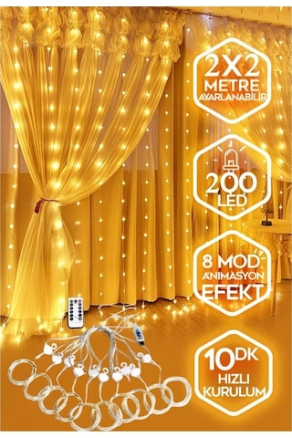 200 Led'li 2x2 Metre Animasyonlu Perde Led Işık - Günışığı Sarı