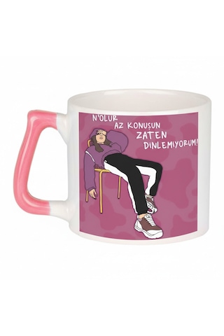 Komik Yazılı Kupa Bardak Az Konuş Zaten Dinlemiyorum Tasarım Seramik Kahve Kupası Açık Pembe