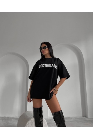 Siyah Oversize Mood The Label T-shirt - Oversize Baskılı SIYAH