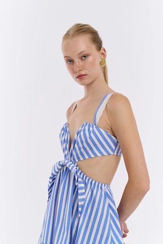 Olla Collection Kurdele Detaylı Çizgili Mini Elbise Mavi Mavi