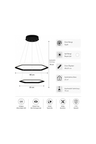 AvizeGO Ares 2'li Led Sarkıt Avize Beyaz Işık Siyah