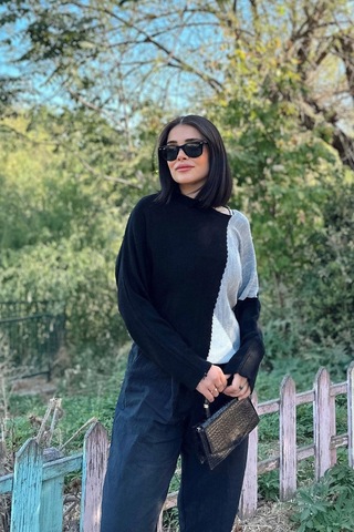 WeShaya Kadın Siyah Renk Bloklu, Uzun Kol, Yumuşak Dokulu, Salaş Triko Kazak Siyah