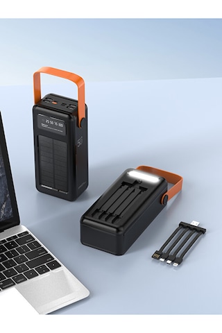 50000 Mah Solar Güneş Enerjili Powerbank - Dijital Göstergeli Led Fenerli Taşınabilir Kampçı Batarya Siyah