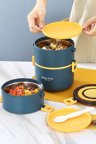 304 Çelik Üç Kat Yemek Mama Saklama Kabı Sefertası cin564mv 2200 ML Mavi