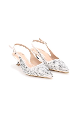 Pisagor Ps-32350 Kadın 4 Cm Arkası Açık Taşlı Abiye Stiletto Ayakkabı Krem