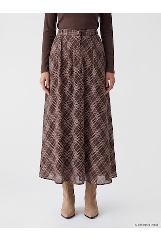 Lcwaıkıkı Classic Kahverengi Pileli Ekose Poplin Etek