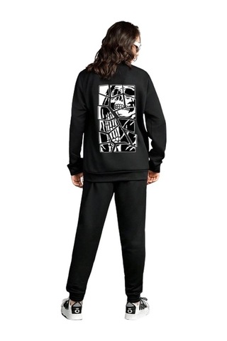 Uyguntarz Unisex Skullcracked Baskılı Bisiklet Yaka Eşofman Takımı Siyah