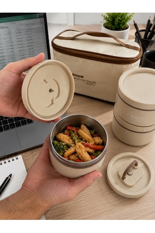 Favora 4'lü Çelik Termoslu Lunch Box Yemek Kabı Seti Bej