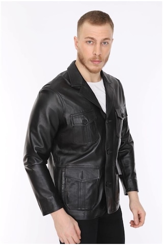 Hakiki Deri Siyah Blazer Cepli Erkek Deri Ceket Siyah