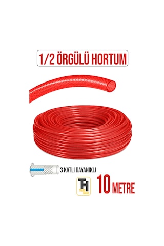 1/2 Örgülü Bahçe Hortumu Çatlamaz, Kırılmaz, Esnek 10 Metre Kırmızı