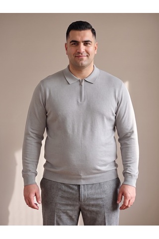 Maccali Erkek Açık Gri Büyük Beden Düz Fermuarlı Polo Yaka Triko Kazak