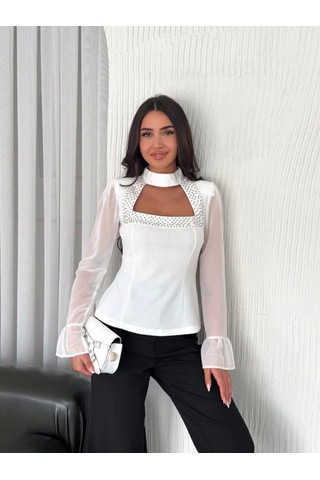 Modaserdem Kolları Şifon Göğüste İnci Boncuk Detaylı Bluz - Beyaz Beyaz