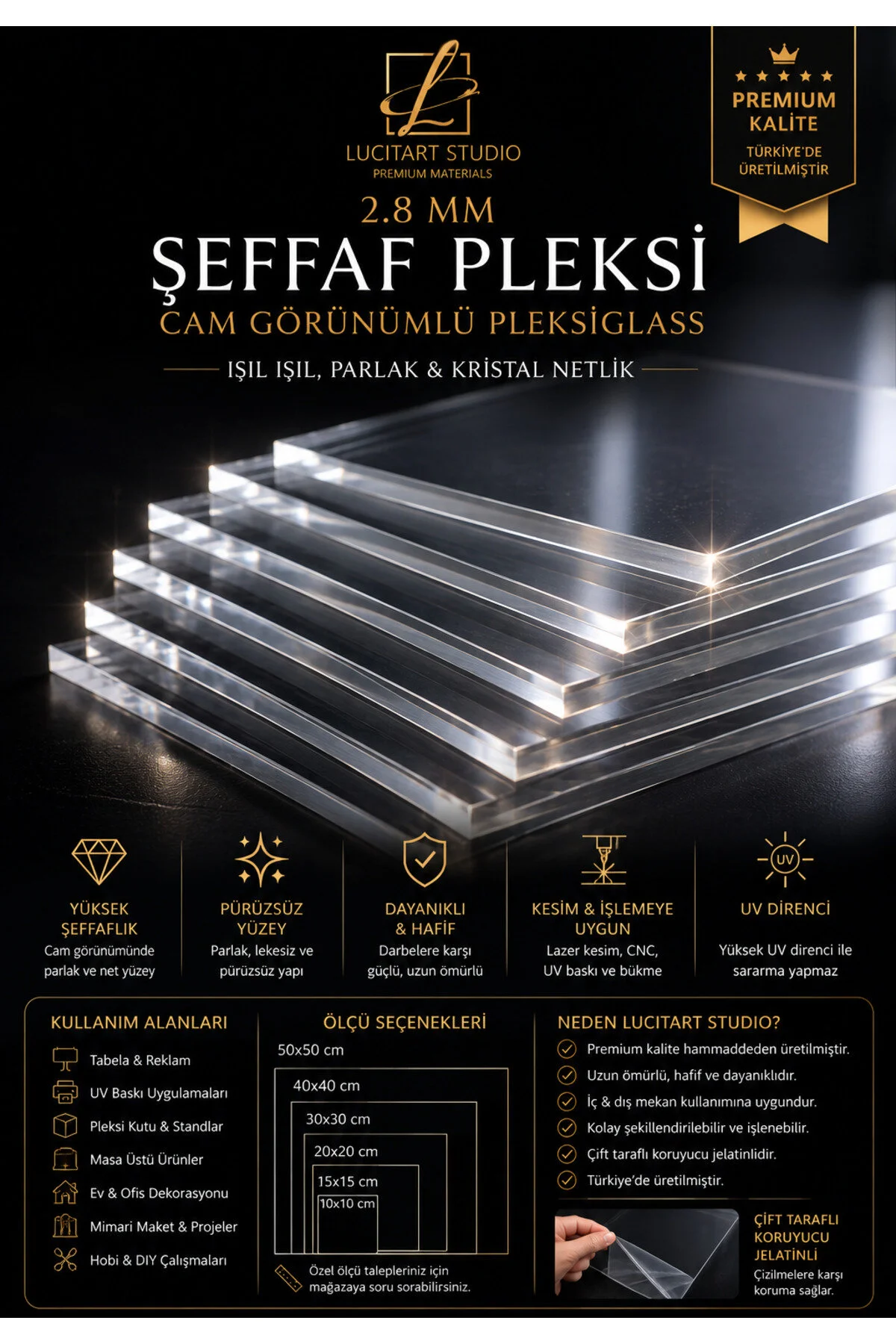 Şeffaf Pleksi Levha 2.8mm - 3mm Cam Görünümlü Kırılmaz Akrilik Pleksiglass Mika Tüm Ebatlar Kare Pleksi, Yuvarlak Pleksi, Dikdörtgen Pleksi