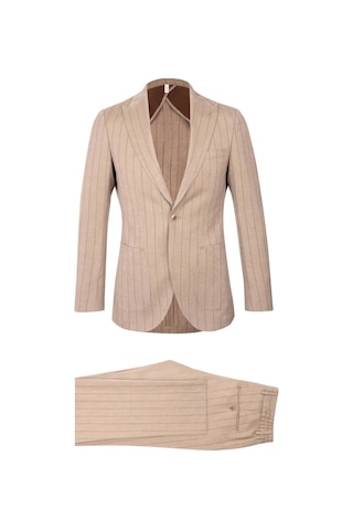 Hatemoğlu Kahverengi Slim Fit Çizgili Sivri Yaka Keten Casual Takım Elbise