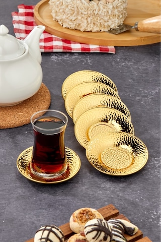 Cooker 6'lı Metal Dövme Desen Çay Tabağı Gold Ckr3579 Gold