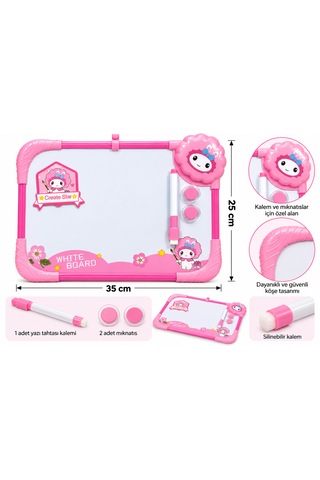 Çocuklar Için Renkli Çerçeveli Beyaz Yazı Tahtası Kalem Ve 2 Mıknatıslı Eğitici Çizim Tahtası 35x25 Cm Pembe