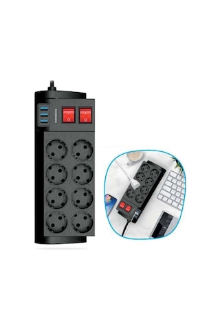 Buffer Isıya Dayanıklı Termal Akım Korumalı 2 Metre 16a 4000w 8li Priz Ve 3 Usb Li Uzatma Kablosu 0