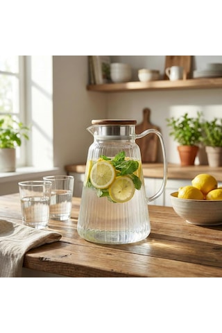 Akasya Kapaklı Borosilikat Cam Sürahi - 4 Farklı Model Ve 1.8 Lt Ve 2 Lt Büyük Boy Seçenekli Isıya Dayanıklı Meşrubat Ve Su Karafı İnce Çizgili Konik 1.8 Litre