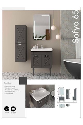Evros Sofya 65 cm Banyo Dolabı Antrasit - Gri