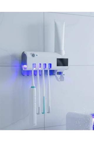 Uv Sterilizasyonlu Duvara Monte Otomatik Diş Fırçası Tutucu Beyaz