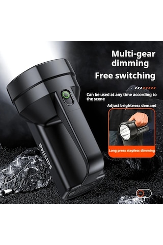 Xuweiwei Philips El Feneri Şarj Edilebilir Ultra Uzun Ömürlü Siyah Büyük Kapasiteli Taşınabilir Arama Lambası Açık Hava Acil Aydınlatma Siyah-