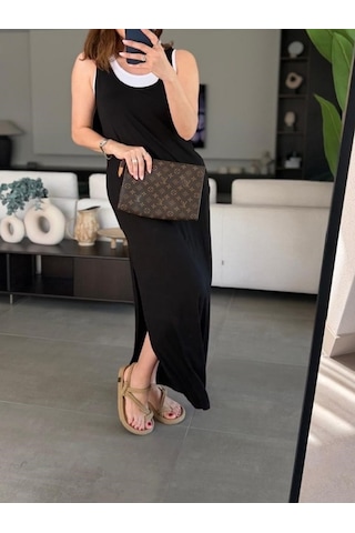 Mirve Butik İkili Yırtmaç Detaylı Viskon Elbise Siyah - Beyaz