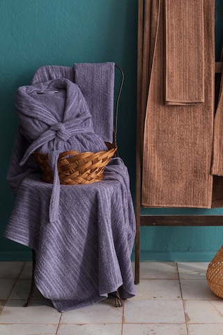 Apricitas Home Timeless Bej-lavander %100 Pamuk 6 Parça Aile Bornoz Seti Bej