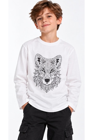 İrem Erkek Çocuk Kurt Desenli Uzun Kol Ekru Renk Penye İnce Sweatshirt