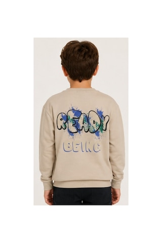 İrem Çocuk Giyim Erkek Çocuk Önü Arkası Ready Being Yazılı Bej Renk Sweatshirt Bej