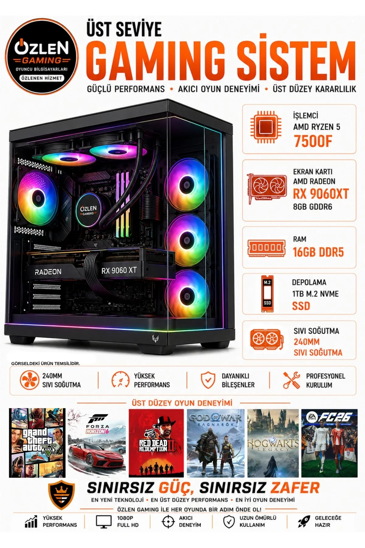 Özlen Xl6 R5 7500F 16 GB 1 TB SSD RX9060 XT 8 GB W11P Masaüstü Oyuncu Bilgisayarı