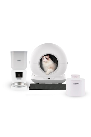 Akıllı Otomatik Kedi Tuvaleti, Mama Kabı Ve Su Pınarı - Beyaz 3'lü Pet Ürünleri Seti