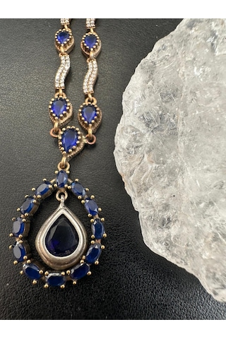 Otantik Safir ve Zirkon Taşlı Gümüş Kolye 925 Ayar 22,55 Gram