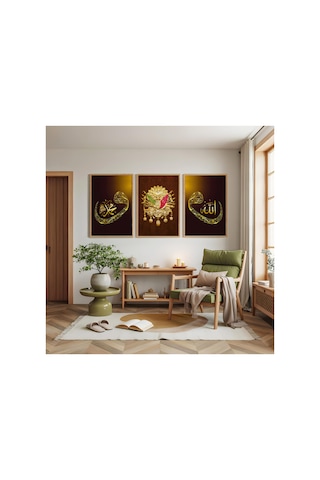 Ahşap Çerçeveli Sarı Renk Modern Üçlü Ahşap Tablo Seti