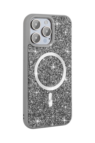 Zore Apple Uyumlu iPhone 15 Pro Max Kılıf Pırlanta Tasarımlı Magsafe Şarj Özellikli Msra Mozaik Silikon Kapak - Titany Gri