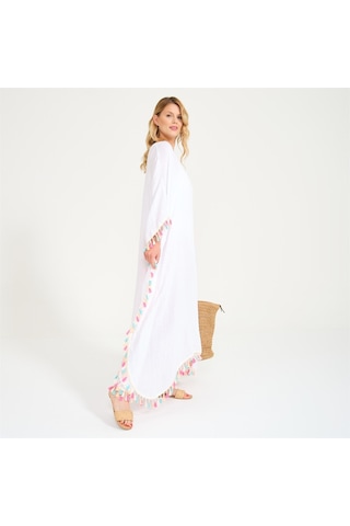 Püskül Detaylı V Yaka Uzun Plaj Elbisesi Beyaz-Standart Beyaz