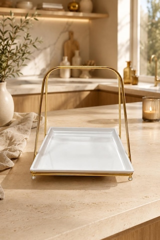 Gold Metal Standlı Melamin Servis Tepsisi Dekoratif Sunum Standı
