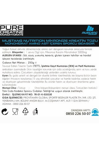 Mustang Nutrition Core+ Pure Creatine Monohydrate Powder Kreatin 250 Gr 50 Servis + Shaker + Protein Kahve Hediyeli Aromasız