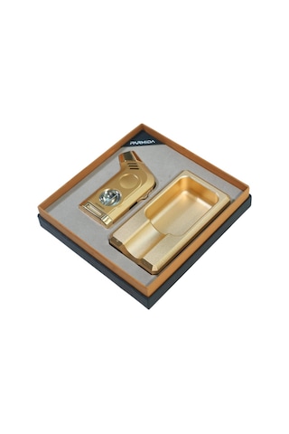 Parmida Gold Tek Torch Masa Tipi Çakmak Tekli Gold Küllük İkili Puro Seti Tr9850