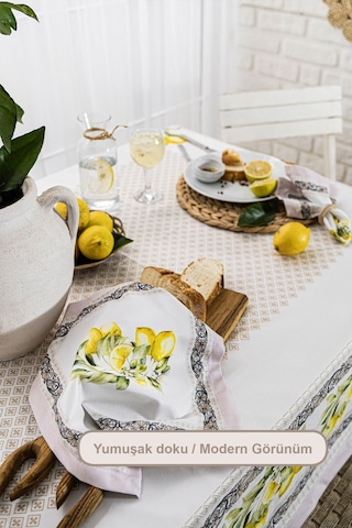 Elart Limonlu Yemek Seti 12 Kişilik Masa Örtüsü Takımı 150x210 Cm Çok Renkli