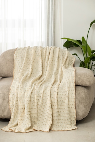 Krem Bej Müslin Tv Battaniyesi / Koltuk Şalı 130x170 Cm, 3 Katlı Noktalı, Çoban Dikişli Bej - Krem
