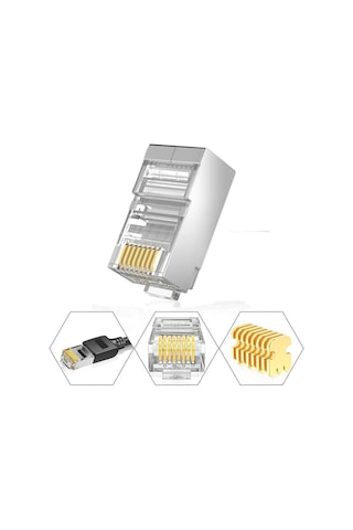 Koodmax - 50 Adet - 50u" Gold Plated Stp Cat5e Rj45 Network Metal Konnektör 8p8c Ethernet Kablo Ucu