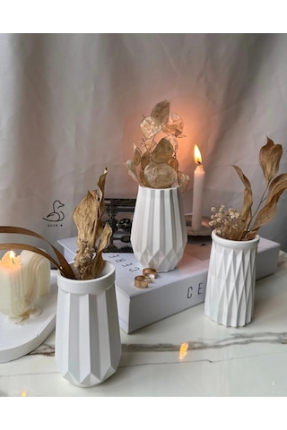 Geometrik Desenli Vazo Set 6 Lı 12 Cm Beyaz