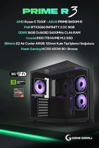 Game Garaj PRIME-R3 R5-7500F RTX5060 16 GB 1 TB SSD Free Dos Oem Paket Masaüstü Oyuncu Bilgisayarı