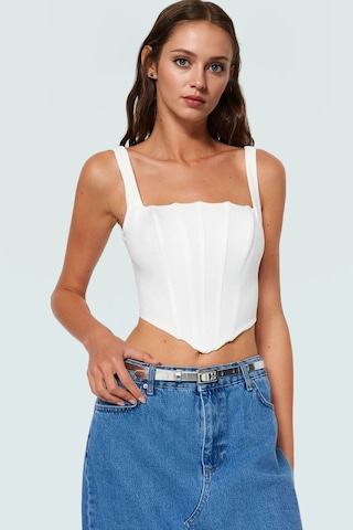 Ersefa Dokuma Polyester Korse Bluz Fitted Kalıp Kolsuz Crop Şık Görünüm Ekru