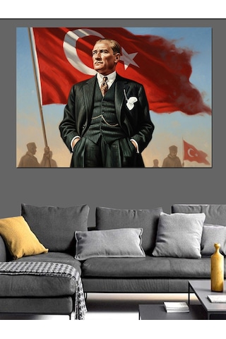 Türk Bayraklı Atatürk Dekoratif Kanvas - Mdf Ahşap Tablo