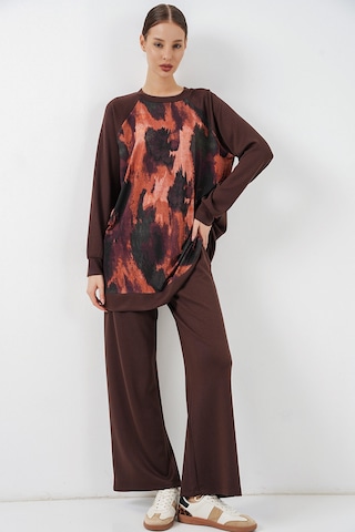 Bigdart Kadın Desenli Oversize Tunik Pantolon İkili Takım 55462 - Kahverengi