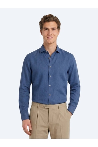 Kip İndigo Düz Regular Fit Uzun Dokuma Casual Pamuk Karışımlı Gömlek