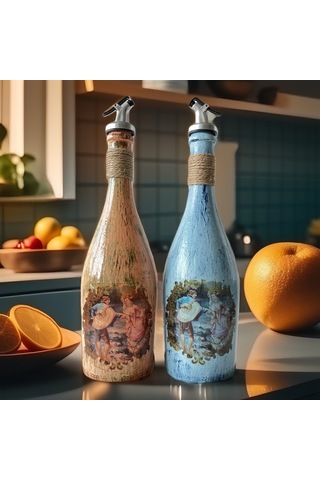 Desenli Sunum Stantlı 2'li 750 Ml Zeytinyağı Şişesi Yağdanlık